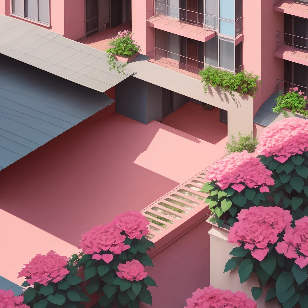 A vibrant pink desert rose in a terracotta vase on a sunny apartment balcony overlooking a bustling cityscape. Medium: Acrylic painting Style: Contemporary, with bold brushstrokes and vivid colors reminiscent of the work of artist David Hockney. Artists/References of Popular Culture: Inspired by urban landscapes seen in street art and graffiti. Lighting: Sunlight casts deep shadows on the facades of the buildings below, highlighting the texture of the rose petals and leaves. Colors/Palette: Bold shades of pink contrast with cool blues, grays, and blacks.