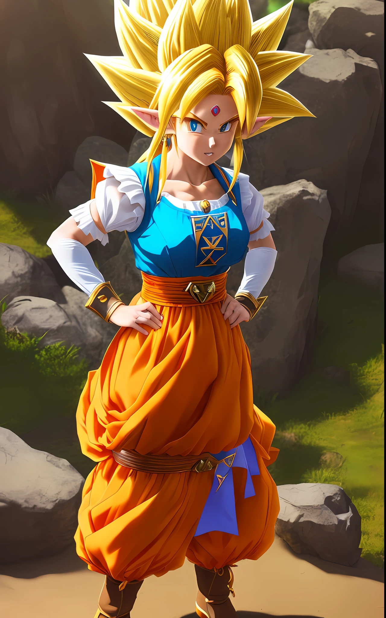 ((full body shot)), character with body facing viewer, Character looking at viewer, Anime style, Unreal Engine 5, masterpiece, 8k resolution, detailed eyes, detailed face, (((Princess Zelda cosplayed as Super Saiyan Goku 3 from Anime Dragon ball))), ((kakariko village background))