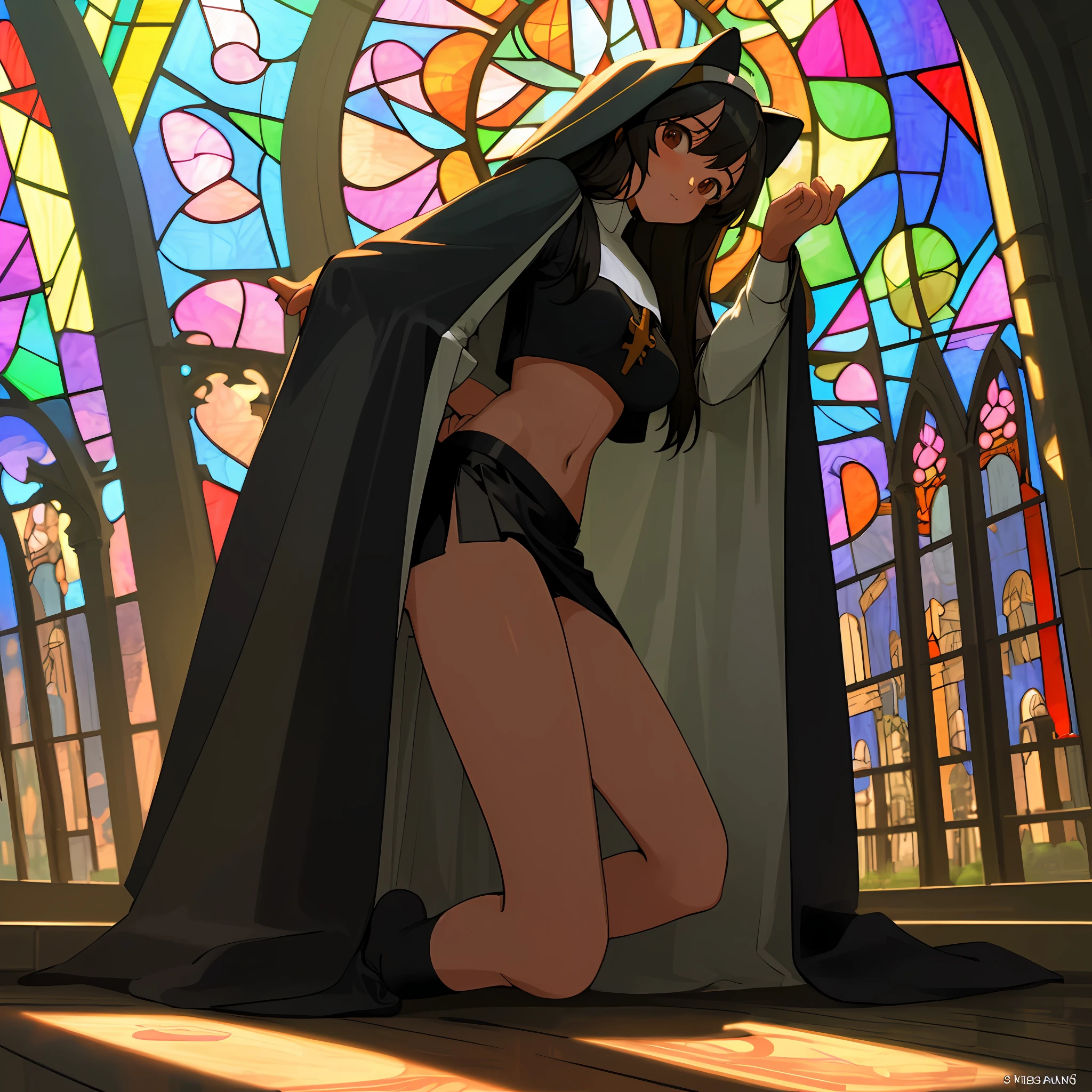best quality, highres, absurdres, ultra detailed, midriff, stomach, tan, long hair, black hair, stained glass windows, cathedral background, 1girl, nun, solo, breasts, professional lighting, skirt, thick thighs, sun rays, full body, facing viewer, hands praying