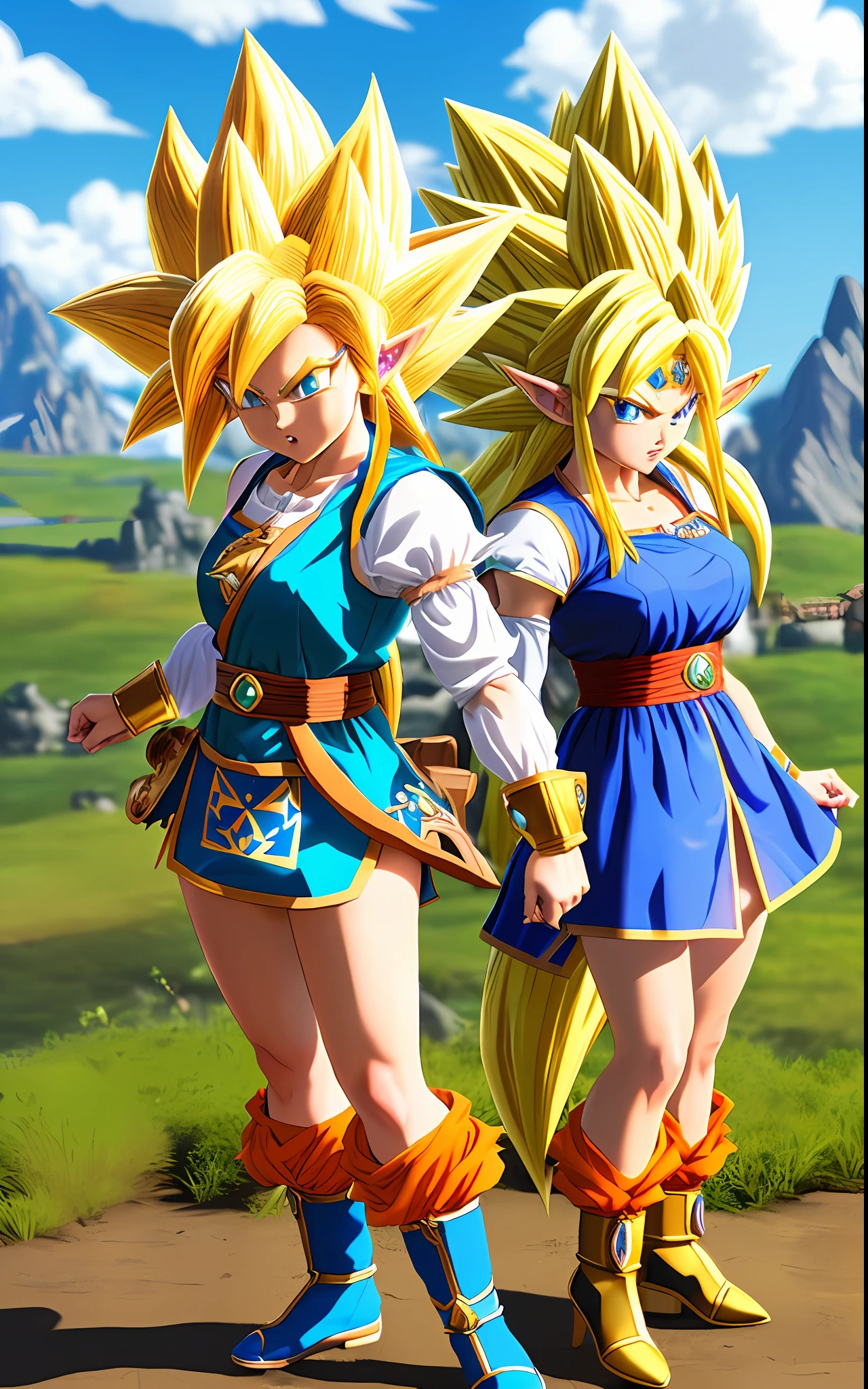 ((full body shot)), character with body facing viewer, Character looking at viewer, Anime style, Unreal Engine 5, masterpiece, 8k resolution, detailed eyes, detailed face, (((Princess Zelda cosplayed as Super Saiyan Goku 3 from Anime Dragon ball))), ((kakariko village background))