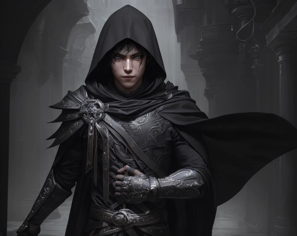 (exceedingly detailed CG unity 8k wallpaper, masterpiece, best quality, ultra-detailed), dynamic pose, a stunning and handsome young man with an alluring hood, (dark hair, a hint of a smile, piercing eyes), dramatic shadows, gloomy atmosphere.