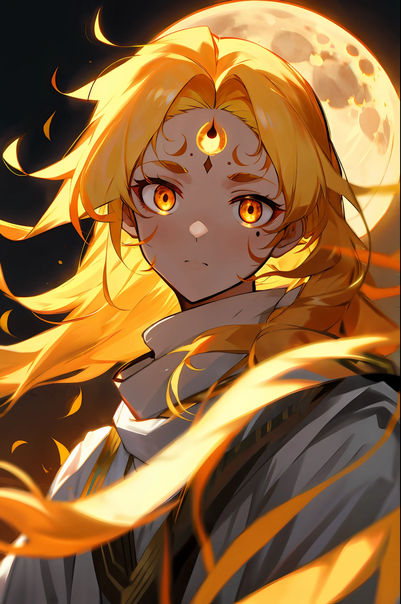 Golden hair, white eyes, moon mark on forehead
