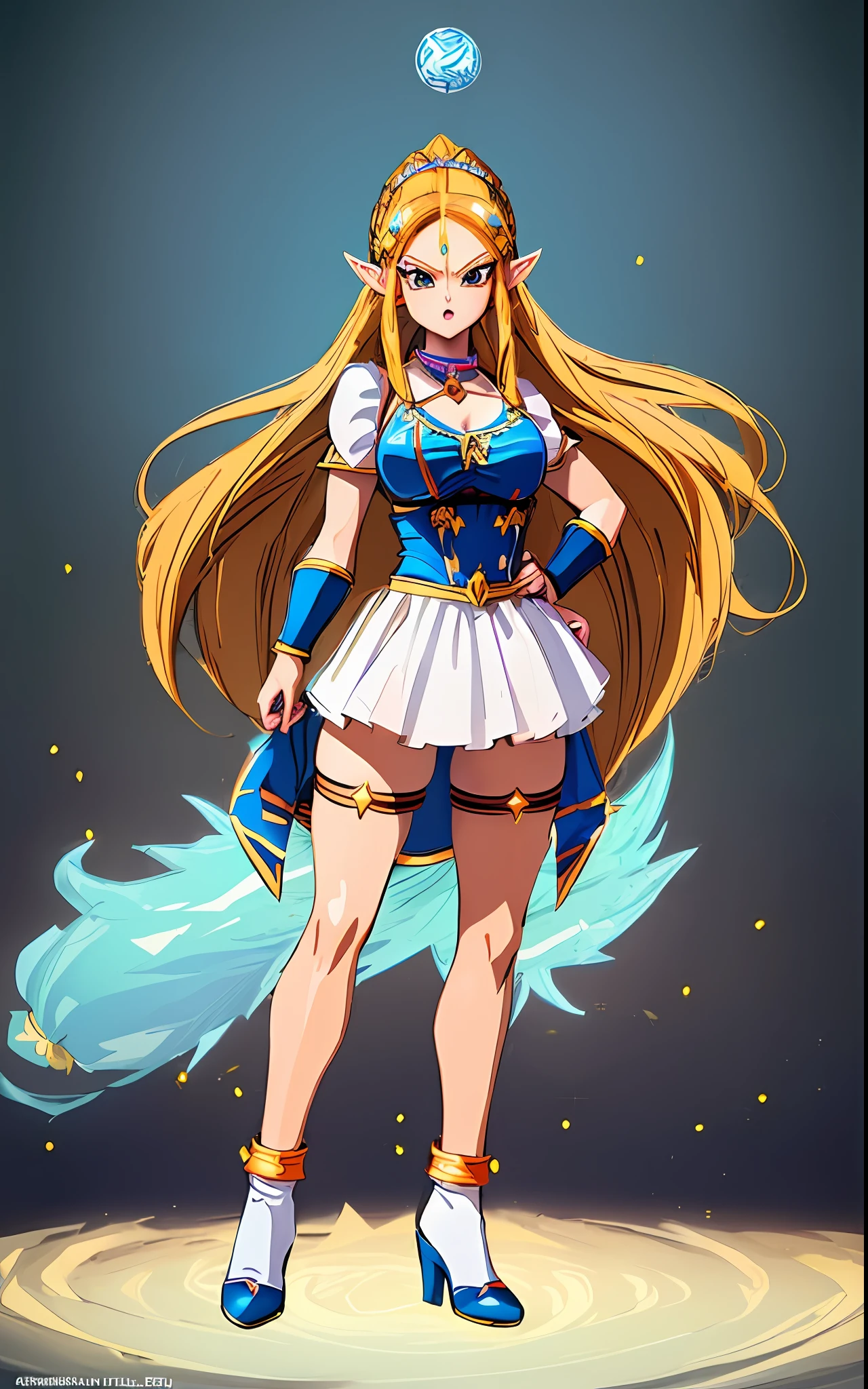 ((full body shot)), character with body facing viewer, Character looking at viewer, Anime style, Unreal Engine 5, masterpiece, 8k resolution, detailed eyes, detailed face, (((Princess Zelda cosplayed as Super Saiyan Goku 3 from Anime Dragon ball))), ((kakariko village background))