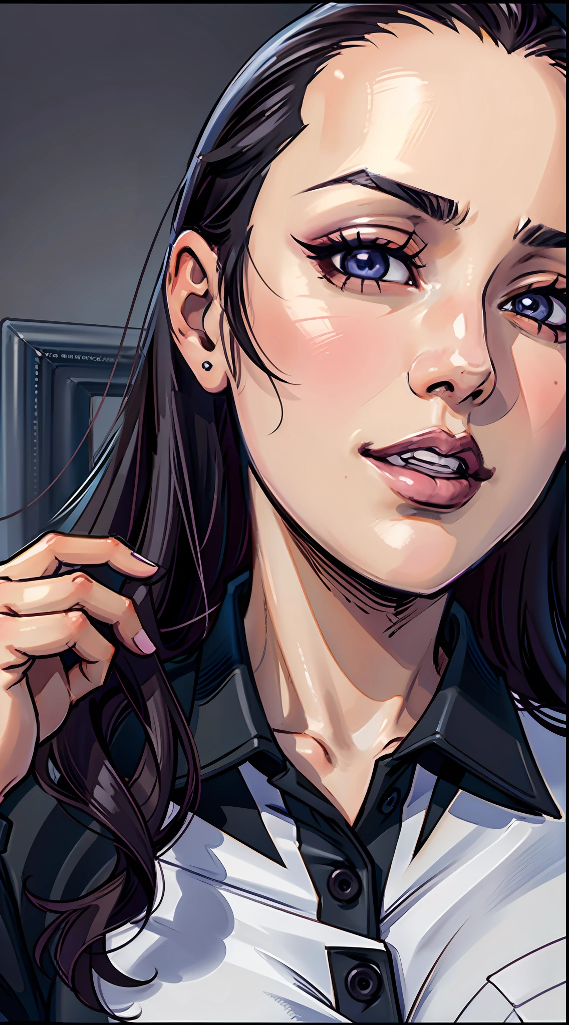 (masterpiece),(best quality:1.0), (ultra highres:1.0), detailed illustration, 8k, anime, 1girl, beautiful anime girl, wearing a black polo shirt, pretty face, detailed face, beautiful eyes, detailed eyes, dark eyes, pretty lips, beautiful stylish hair, highlights in hair, anime style, best quality, vibrant