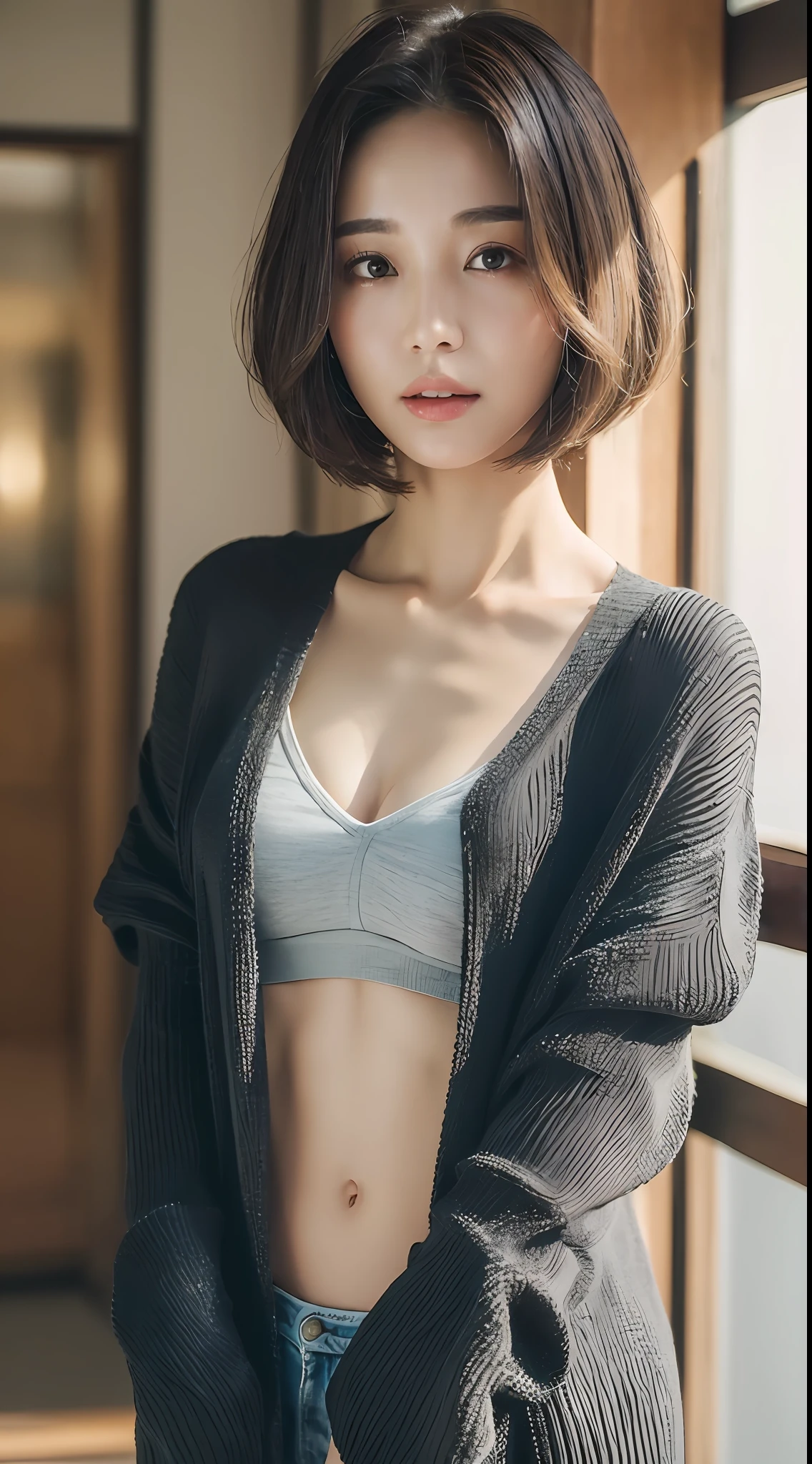 Random Posture, Mix4, (((Best Quality, 8k, Masterpiece: 1.3)), 1 girl, Beautiful woman with slender abs: 1.3, (Highlight Haircut, Chest: 1.2), Black Cardigan: 1.1, Ultra Detailed Face, Detailed Eyes, Double Eyelids