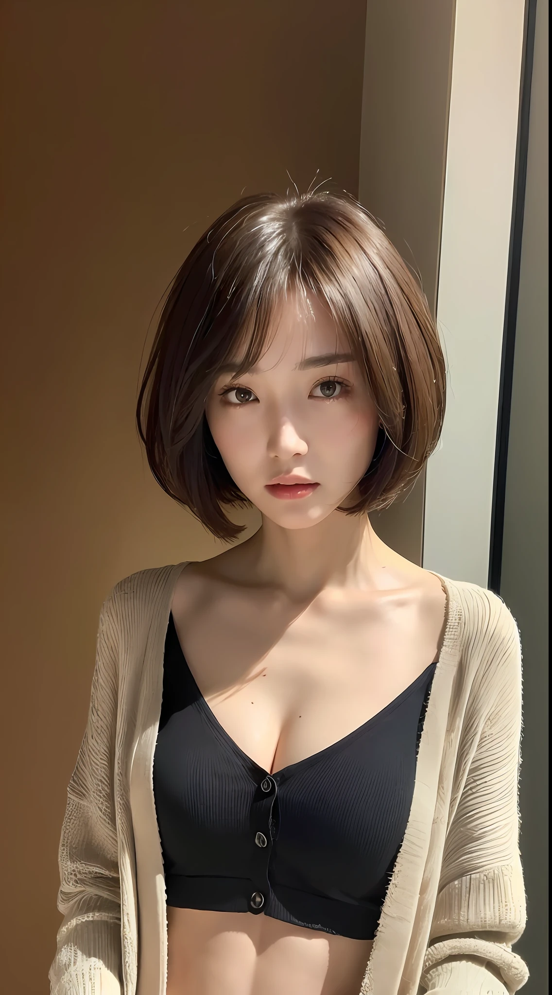 Random Posture, Mix4, (((Best Quality, 8k, Masterpiece: 1.3)), 1 girl, Beautiful woman with slender abs: 1.3, (Highlight Haircut, Chest: 1.2), Black Cardigan: 1.1, Ultra Detailed Face, Detailed Eyes, Double Eyelids