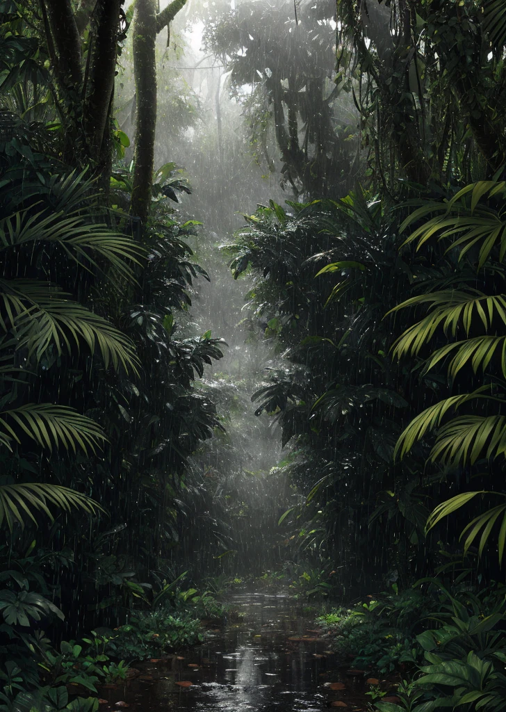 A jungle, with intense rainfall, monochromatic, vines all around, giant and wet trees, masterpiece, best quality, high quality, extremely detailed CG unity 8k wallpaper, oil paiting, award winning photography, Bokeh, Depth of Field, HDR, bloom, Chromatic Aberration ,Photorealistic,extremely detailed, trending on artstation, trending on CGsociety, Intricate, High Detail, dramatic, art by midjourney, volumetric lighting