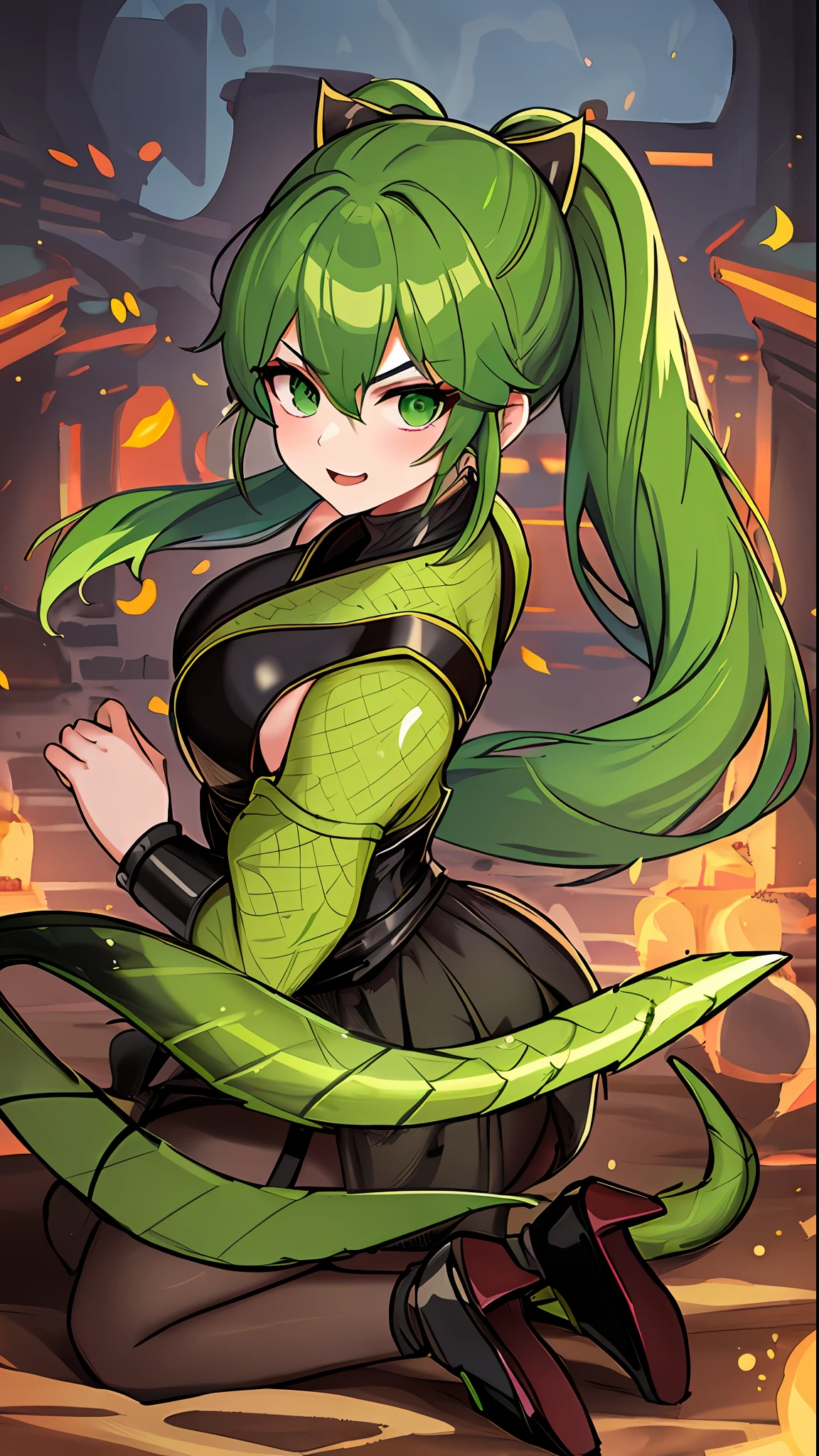 8k, full body portrait of 1 character, full body character portrait, Mortal Kombat style, Unreal engine 5, masterpiece, well-drawn eyes, well-drawn face, Background: Ancient fighting temple in ruins with macabre appearance, Mortal Kombat: : Princess Peach as Reptile from Mortal Kombat :: facing the viewer, green reptilian skin, short dark green hair held in a pigtail, green eyes, ninja mask attached to the face, looking at the viewer with an evil look
