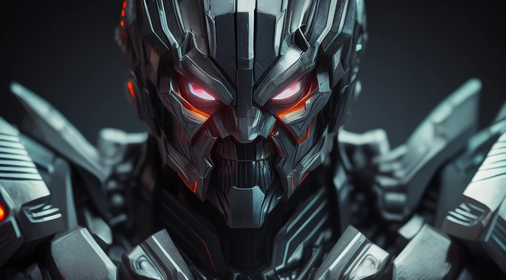 powerful transformers-style man face, demon with neon eyes, realistic photo, ultra detail, natural light, black background, photo, cinematic photography + dynamic composition, incredibly detailed, sharp, detail + intricate detail + professional lighting, film lighting + 35mm + anamorphic + lightroom + cinematography + bokeh + lens flare + film grain,dark all black background, 3d block background