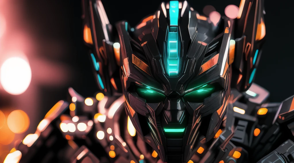 powerful transformers-style man face, demon with neon eyes, realistic photo, ultra detail, natural light, black background, photo, cinematic photography + dynamic composition, incredibly detailed, sharp, detail + intricate detail + professional lighting, film lighting + 35mm + anamorphic + lightroom + cinematography + bokeh + lens flare + film grain,dark all black background, 3d block background