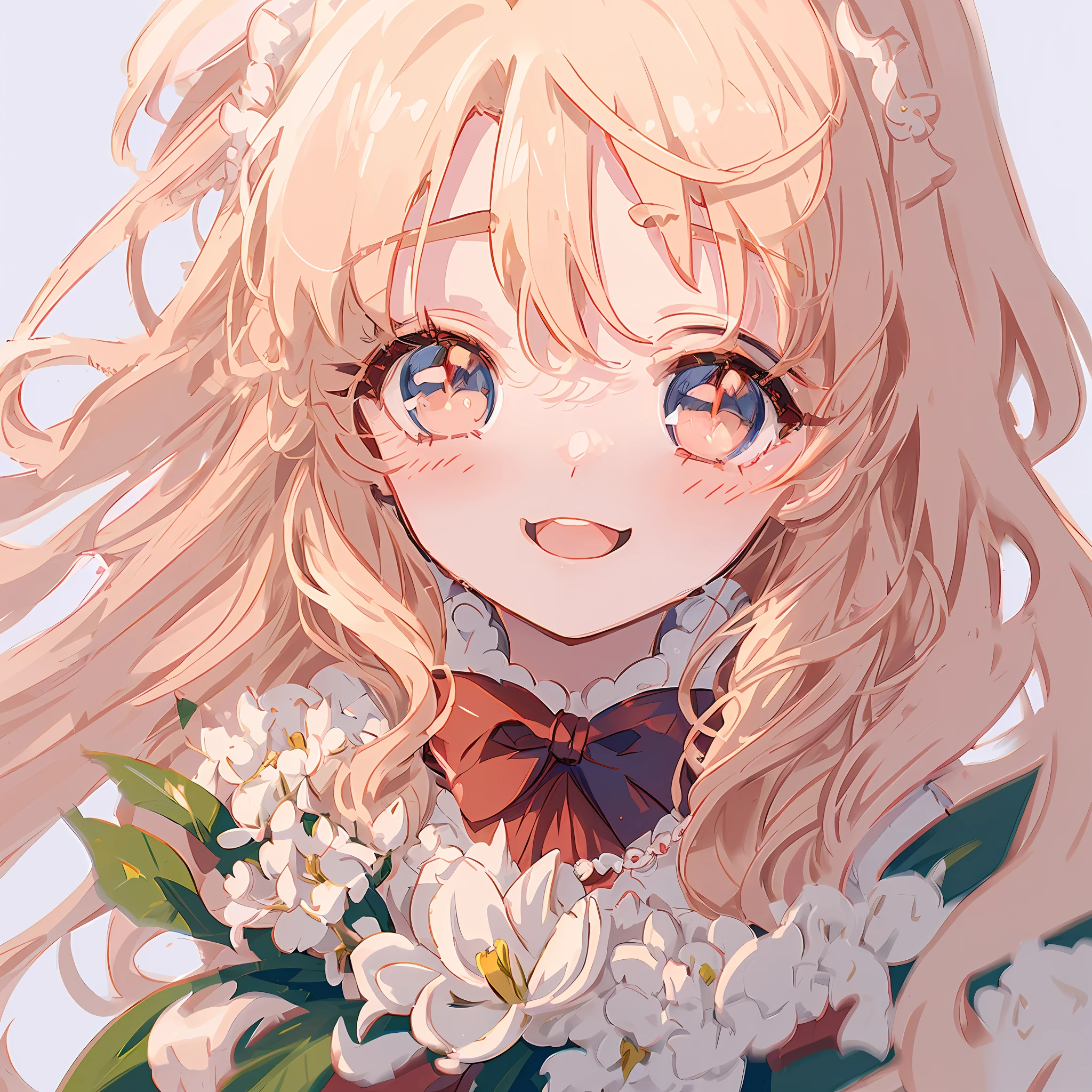 red bow,blonde hair, anime, ghibli, anime style, close up, from the side, first-person perspective, 8k,super detail, masterpiece, high quality, high resolution, high detail, white background, face details, happiness, curly hair, holding magnolia bouquet, necklace, long hair, HD quality, delicate eyes,