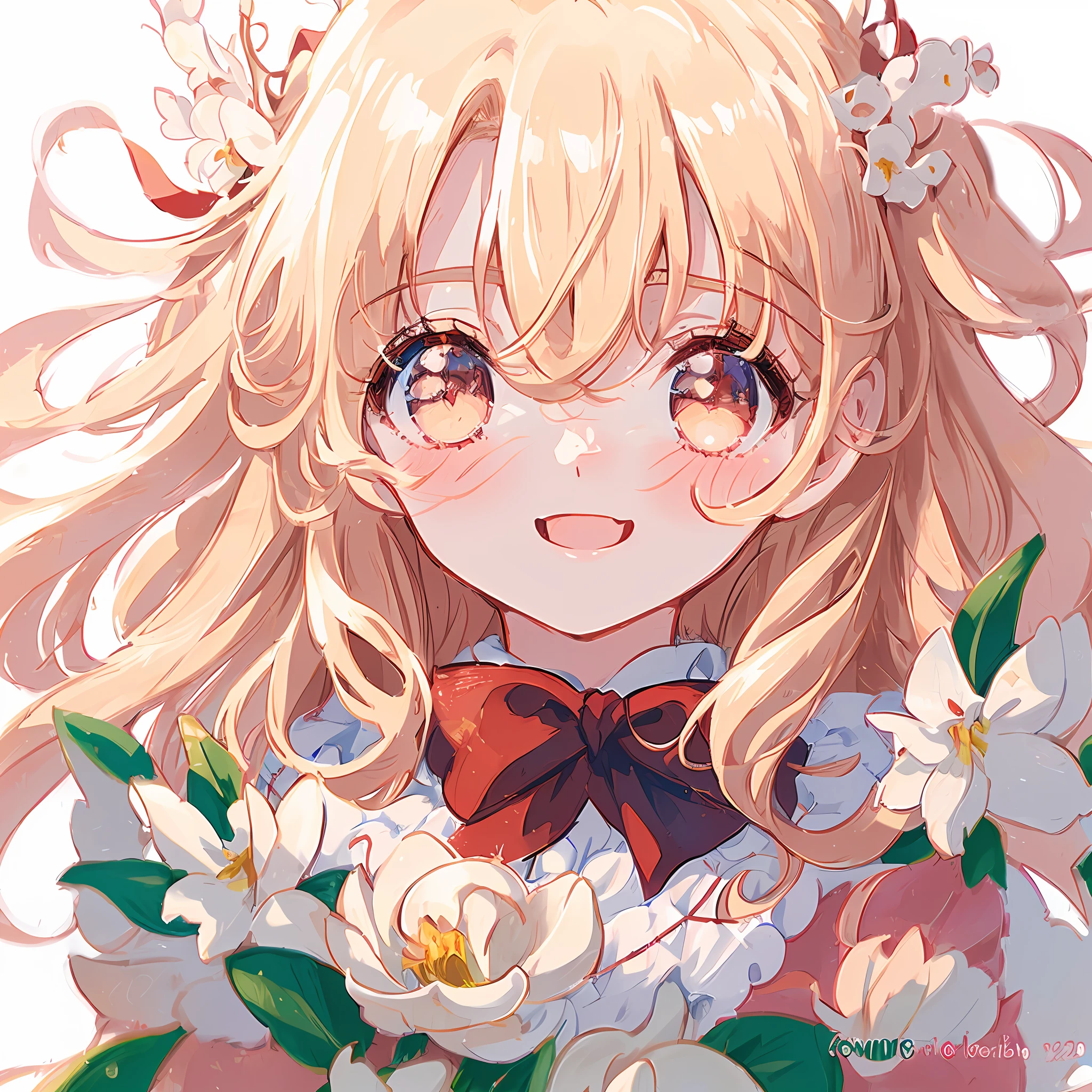 red bow, blonde hair, anime, ghibli, anime style, close up, from side, first-person perspective, 8k, super detail, masterpiece, high quality, high resolution, high detail, white background, face details, happiness, curly hair, holding magnolia bouquet, necklace, long hair, HD quality, delicate eyes, delicate eyebrows,