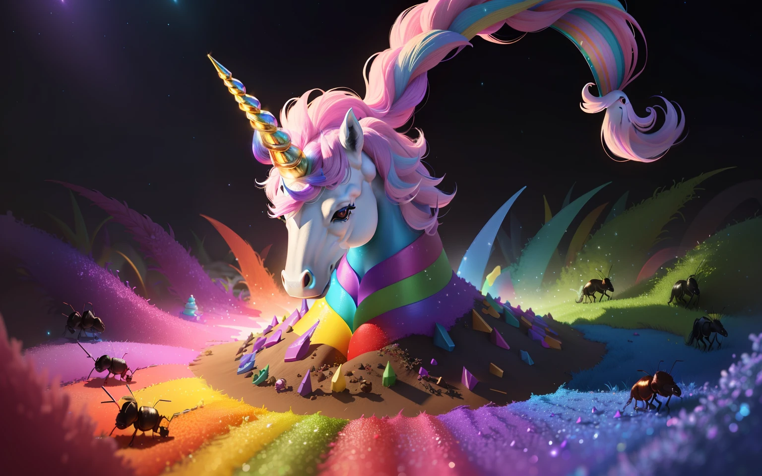 Unicorn Horn, Ant Nest, Rainbow, Enchanted, Glitter, Fluffy, Magical, Ants Running Around Nature, Colors, Extreme Realistic, Realistic Cartoon, 4K, Masterpiece