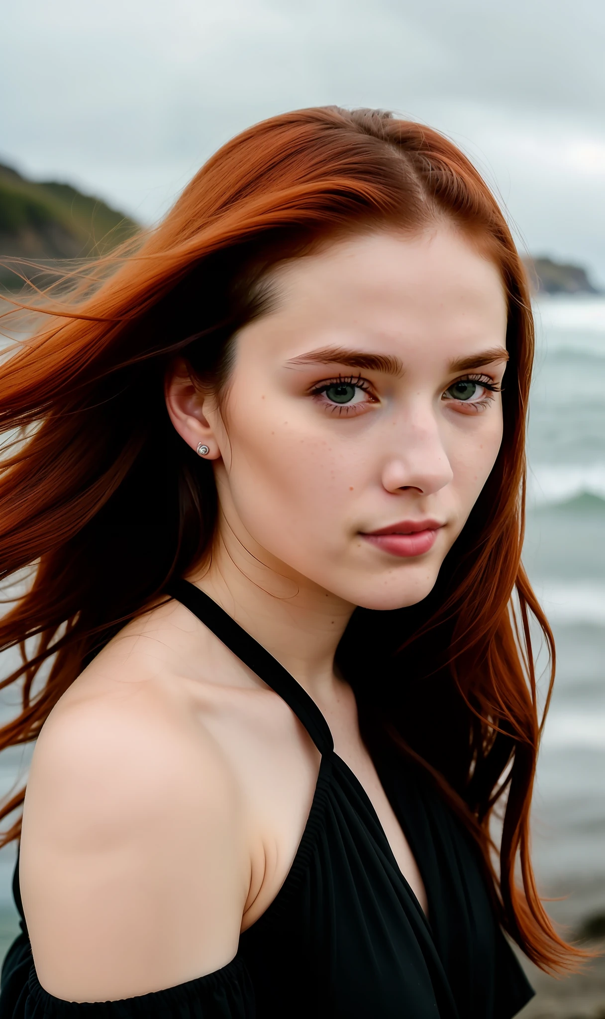 color photo of a 22-year-old woman dressed in black, redhead, face, half body, body, very detailed skin, skin pores, coastline, cloudy weather, wind, waves, 8k uhd, dslr, dim lighting, high quality, film grain, Fujifilm XT3