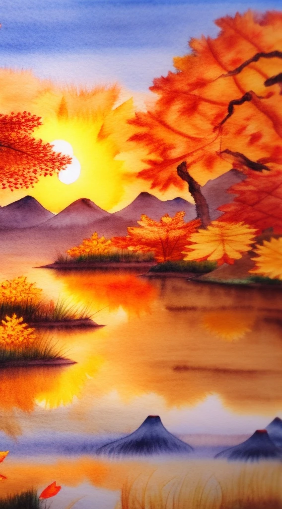 (Chinese landscape), , (autumn, autumn leaves, falling leaves, sunset, architecture), 4K, watercolor