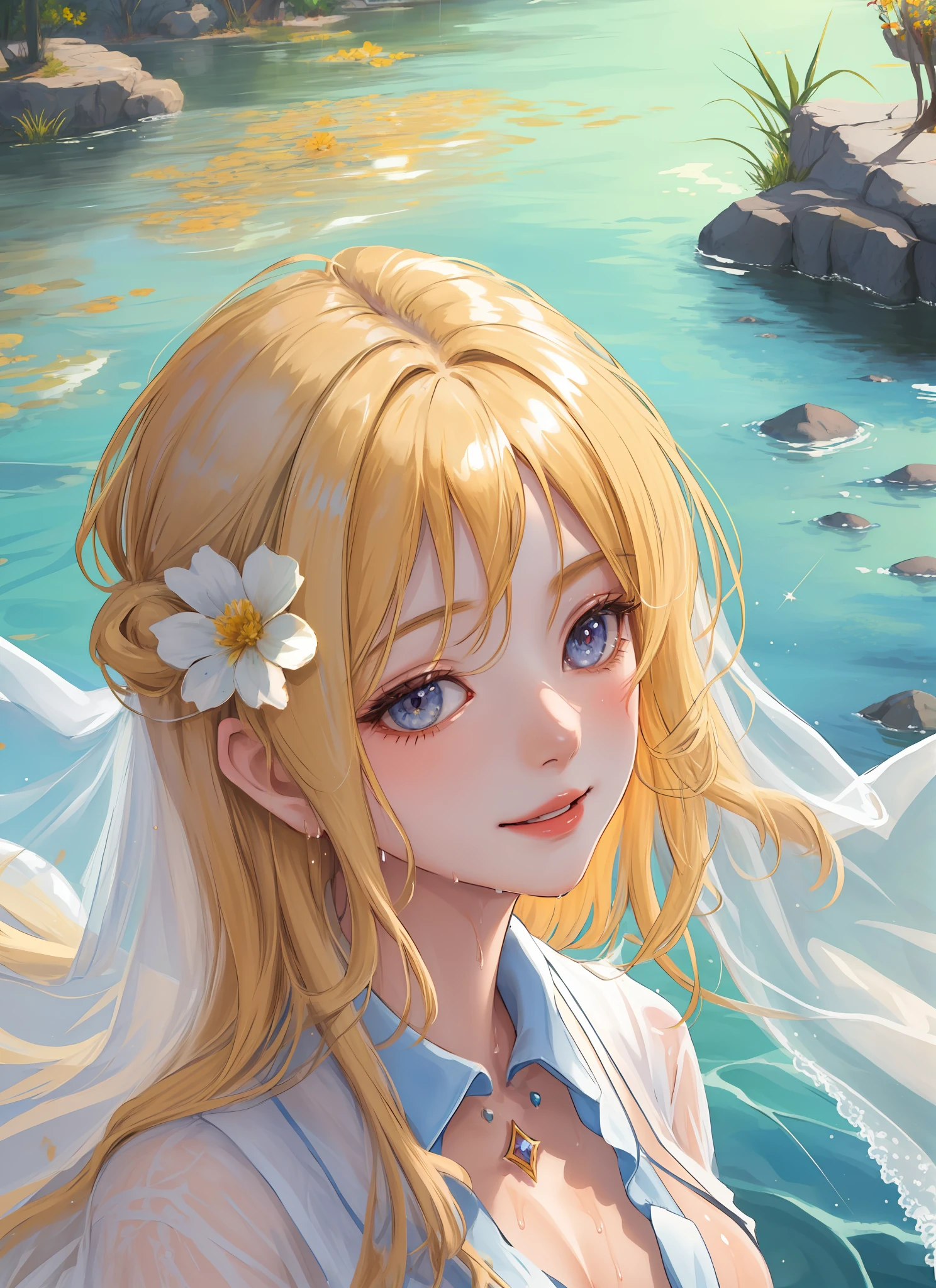 1girl,harem outfit,portrait,detailed face,masterpiece, high quality,light particle,sunlight, looking at viewer,(masterpiece:1.2),(best quality:1.2),detailed background,nsfw,smile, honey,water,wet clothes,flower,human,veil, detailed blonde hair