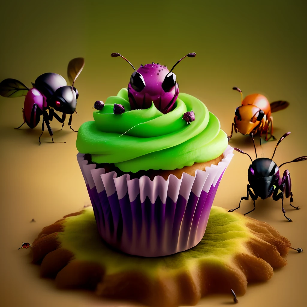 purple, green, cupcake, cherry on top, ants, anthill, realistic