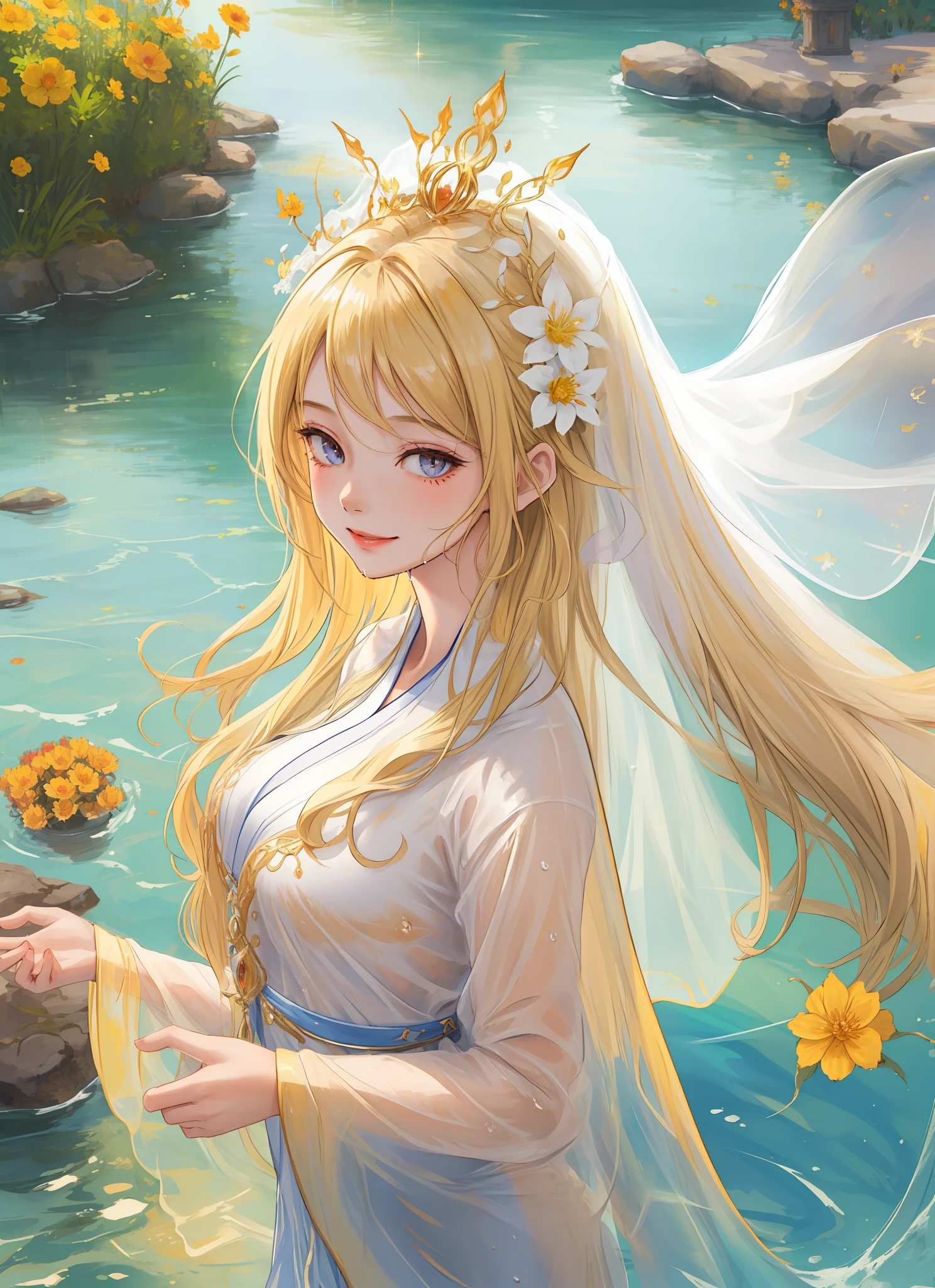 1girl,harem outfit,portrait,detailed face,masterpiece, high quality,light particle,sunlight, looking at viewer,(masterpiece:1.2),(best quality:1.2),detailed background,nsfw,smile, honey,water,wet clothes,flower,human,veil, detailed blonde hair