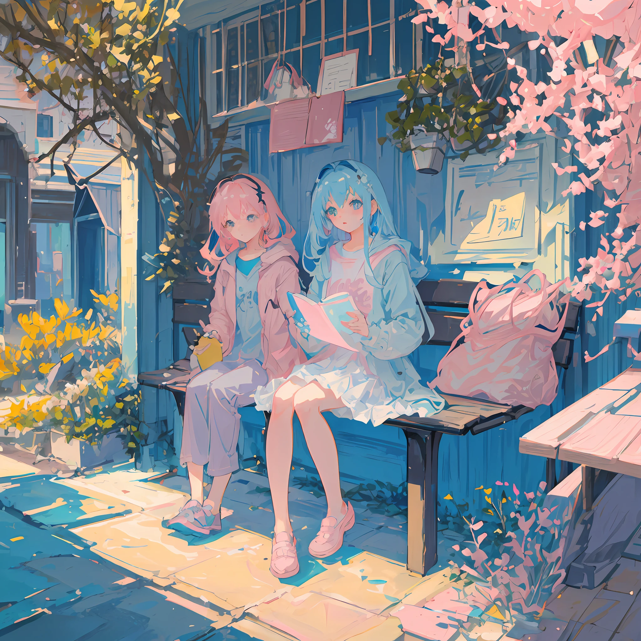 Masterpiece, best quality, a girl with long light blue hair, soft pink clothes, sitting on a bench in a park