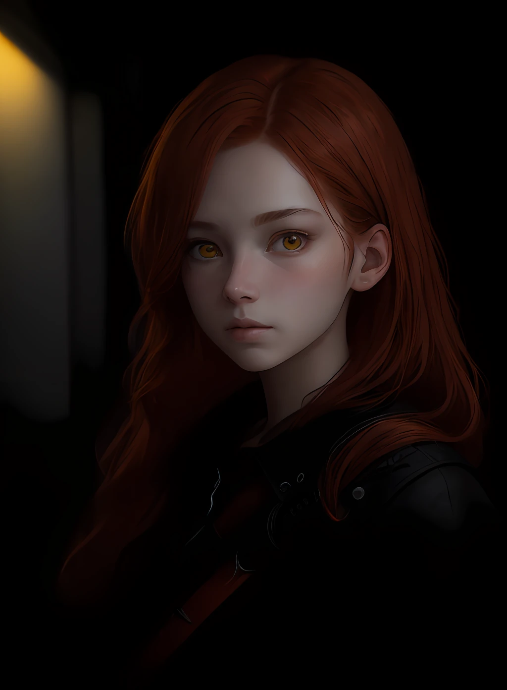 photorealistic, raw photo, 8k, 1girl, red hair, yellow eyes, 20 yo, --ar: mobile