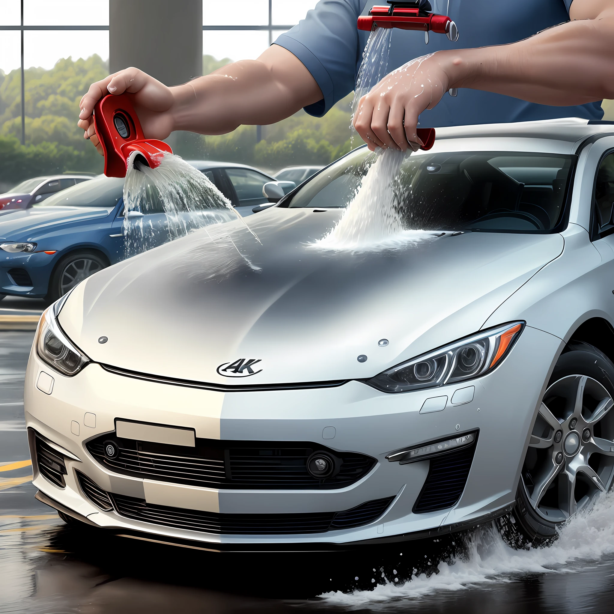 (Realistic photo) (LogoTipo) (High Quality) (4k) Man washing a car with splashing water, with an amazing landscape