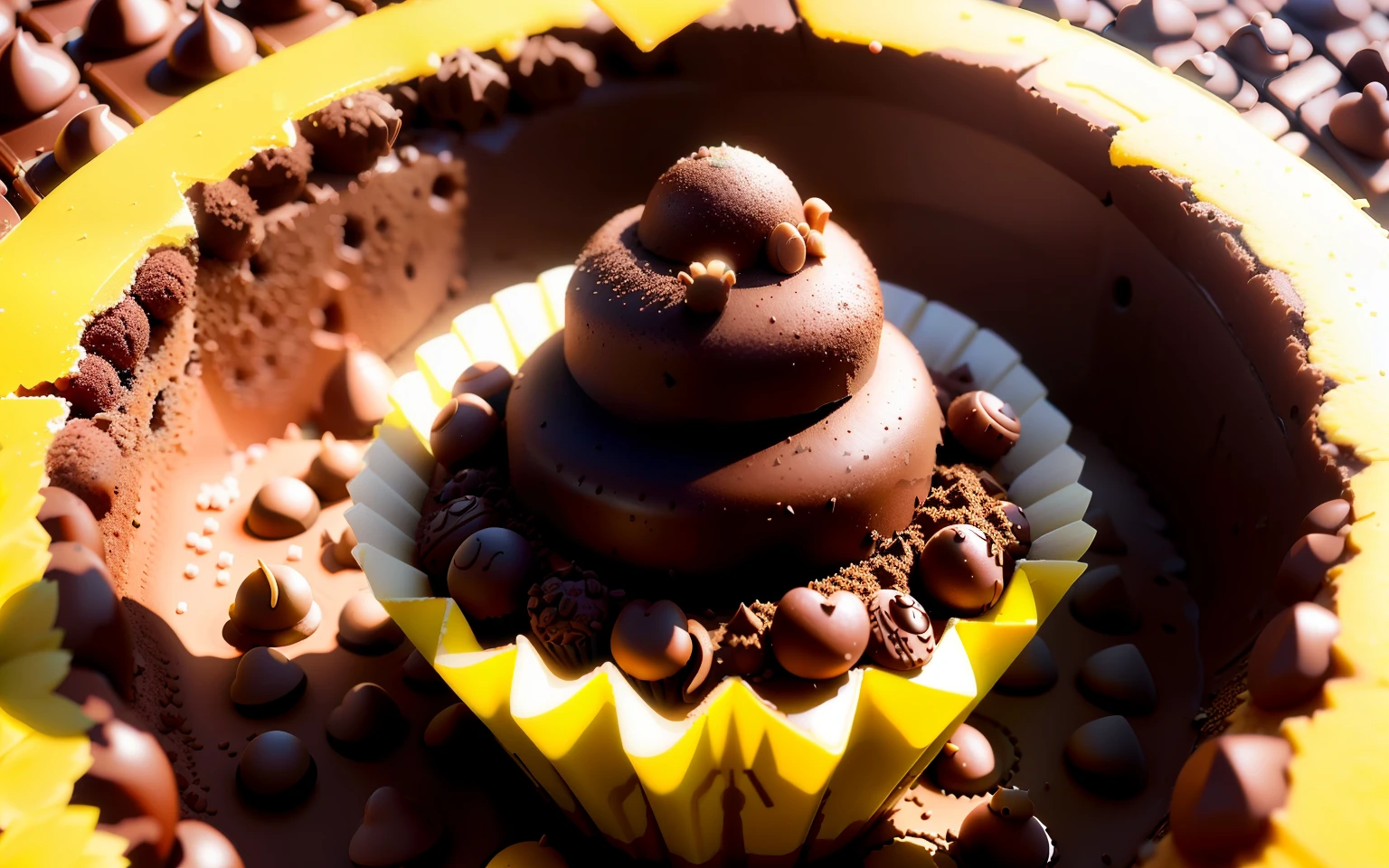 cupcake, ant colony, build, chocolate, sunny, realistic