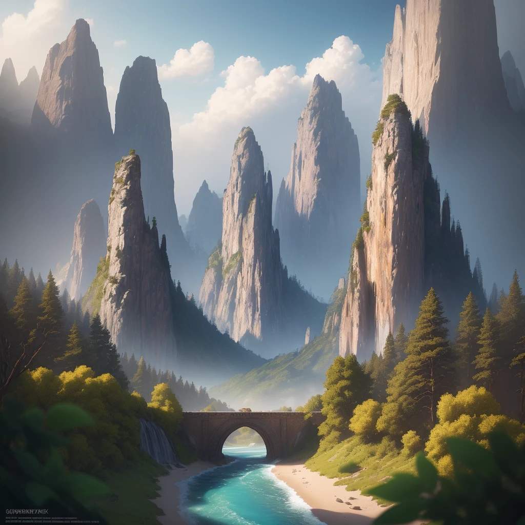 masterpiece, best quality, high quality, extremely detailed CG unity 8k wallpaper, scenery, outdoors, sky, cloud, day, no humans, mountain, landscape, water, tree, blue sky, waterfall, cliff, nature, lake, river, cloudy sky,award winning photography, Bokeh, Depth of Field, HDR, bloom, Chromatic Aberration ,Photorealistic,extremely detailed, trending on artstation, trending on CGsociety, Intricate, High Detail, dramatic, art by midjourney