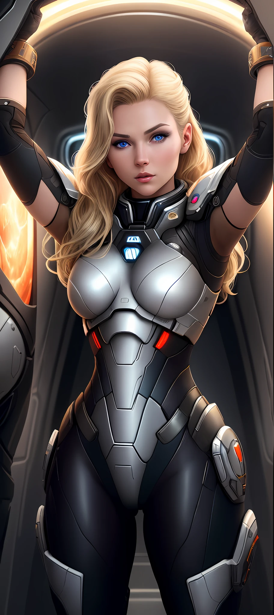 "Complete art masterpiece, high quality, ultra detailed in 4k, 8k, high resolution, hyper-realistic photo, hyper-detailed, realistic skin texture, amazing shadows, extremely detailed texture, perfect lighting, high-level image quality." A female captain of a spaceship, inspired by mass effect (Fair skin, blond hair, outlined eyes, outlined face, bracelet, Full body), Nice shiny armor, inside a spaceship bridge, angry, raised arms giving orders to crew, armpit and belly showing