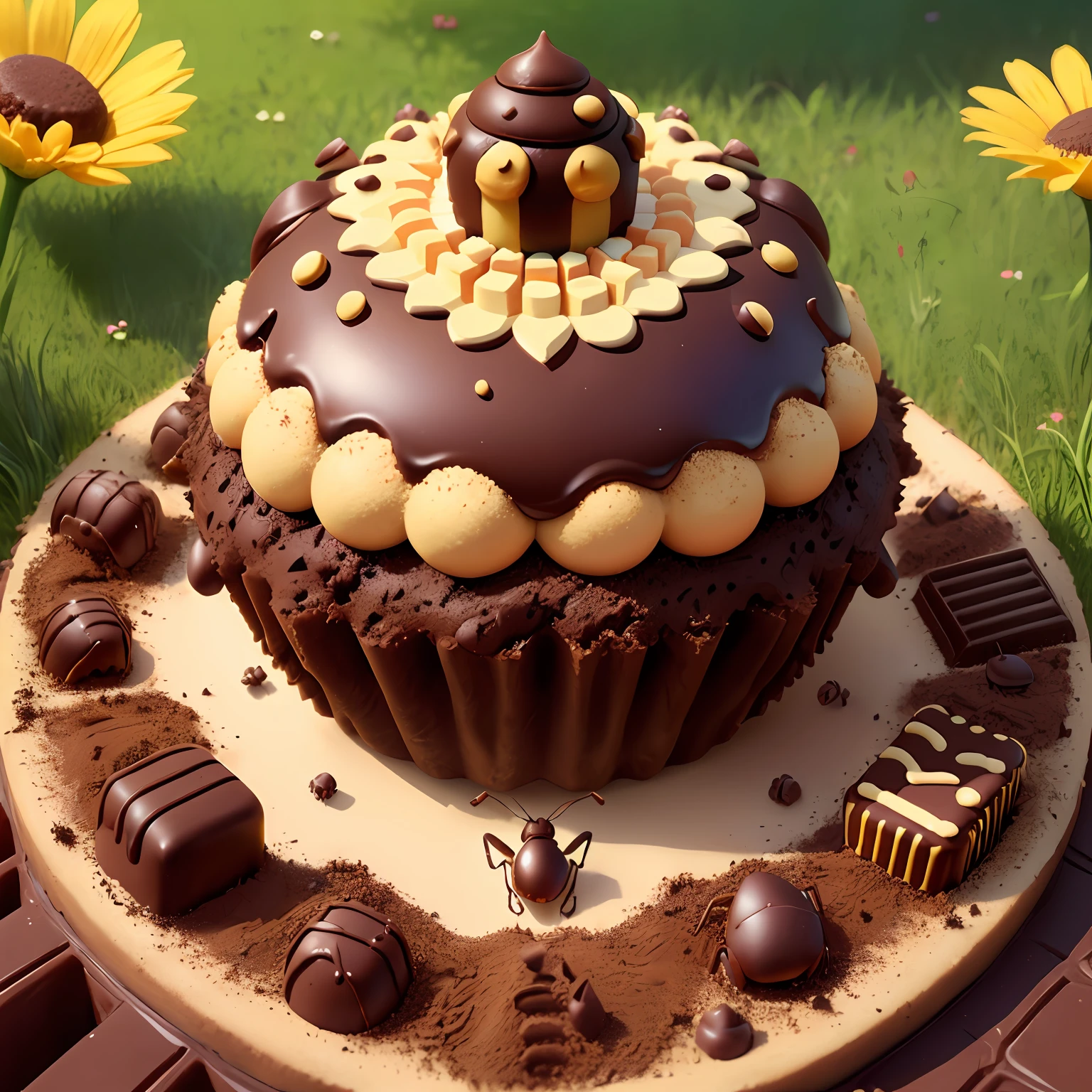 cupcake, ant colony, build, chocolate, sunny, realistic