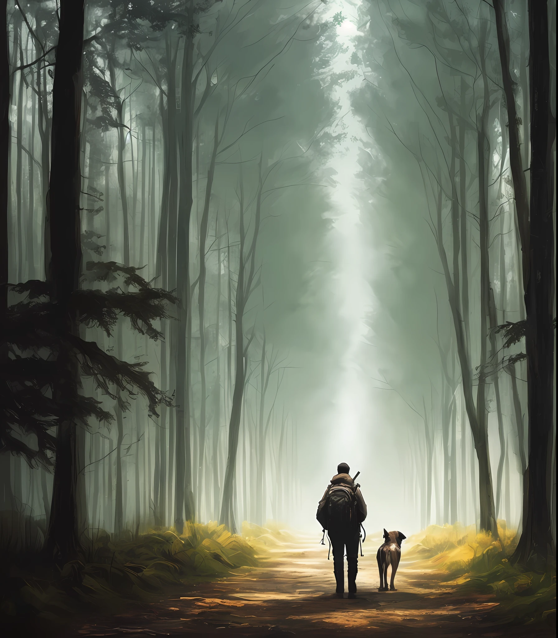 (masterpiece) RAW highly detailed, a man with a post-apocalyptic dog with a backpack is walking down a clear alley in a leafy and long forest, at the end of the way a strong white light shaped ball, hassanfantasy style, by alena aenami ultra realistic highly detailed intricate photorealistic