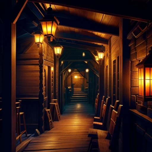 set design (an old tavern overlooking a primitive port, lamps, wooden boxes and cranes) 8K