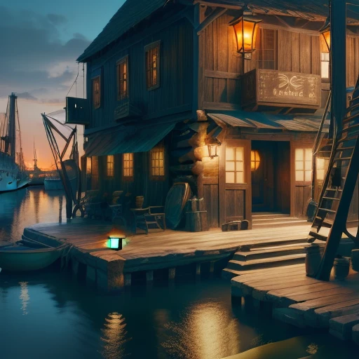 set design (an old tavern overlooking a primitive port, lamps, wooden boxes and cranes) 8K