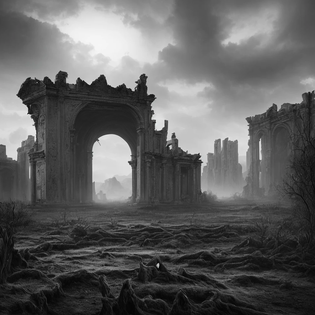 Create an image of the "Dark Abyss," the darkest place in the world. Visualize a horizon shrouded in dense black clouds, where occasional rays illuminate a desolate, gloomy landscape. As you get closer, you can see towering mountains covered in dead, gnarled vegetation. A black and sinister river meanders through the valley, emanating a nefarious mist that seems to swallow any light that dares to penetrate its path. Decrepit ruins of an ancient city are glimpsed in the distance, adding an air of mystery and melancholy to the site. The somber sounds of the wind howling through the gnarled trees echo around him, making his skin shiver. Feel the oppression of the place and the constant presence of something evil lurking in the shadows, ((masterpiece))