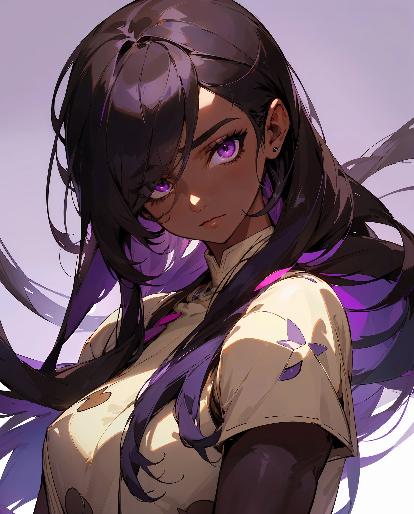 (Detailed Lights, Detailed Shadows), 1Woman, Black Hair, ((Detailed Eyes)), Close-up, Portrait, (Brown Skin), Extremely Detailed Clothes, ((Modern Clothes)), Beautiful Hair, Muscular, Hair Down, Extremely Detailed Background, Beautiful Background, (Long Hair), MakeUp, Pokemon Trainer, (Purple Colored Eye)