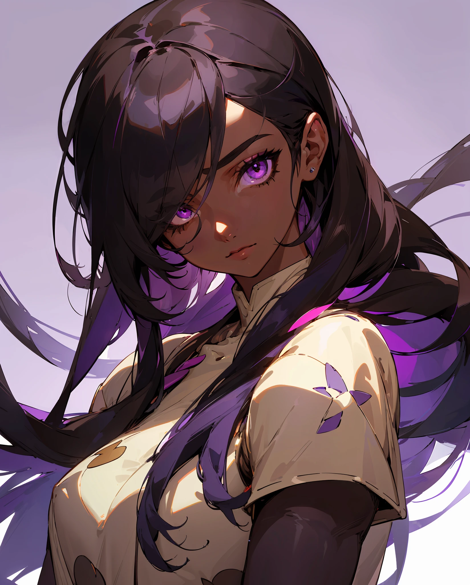 (Detailed Lights, Detailed Shadows), 1Woman, Black Hair, ((Detailed Eyes)), Close-up, Portrait, (Brown Skin), Extremely Detailed Clothes, ((Modern Clothes)), Beautiful Hair, Muscular, Hair Down, Extremely Detailed Background, Beautiful Background, (Long Hair), MakeUp, Pokemon Trainer, (Purple Colored Eye)