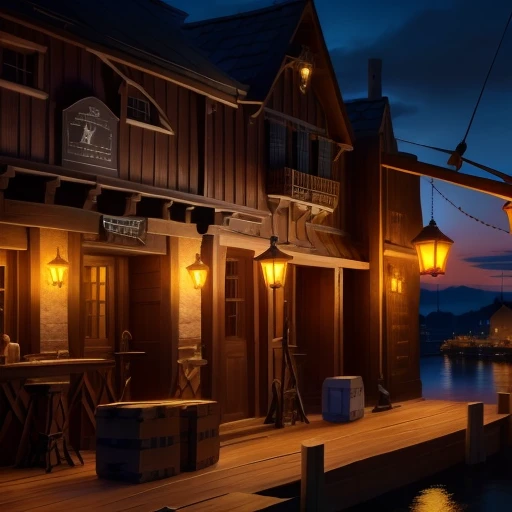 set design (an old tavern overlooking a primitive port, lamps, wooden boxes and cranes) 8K