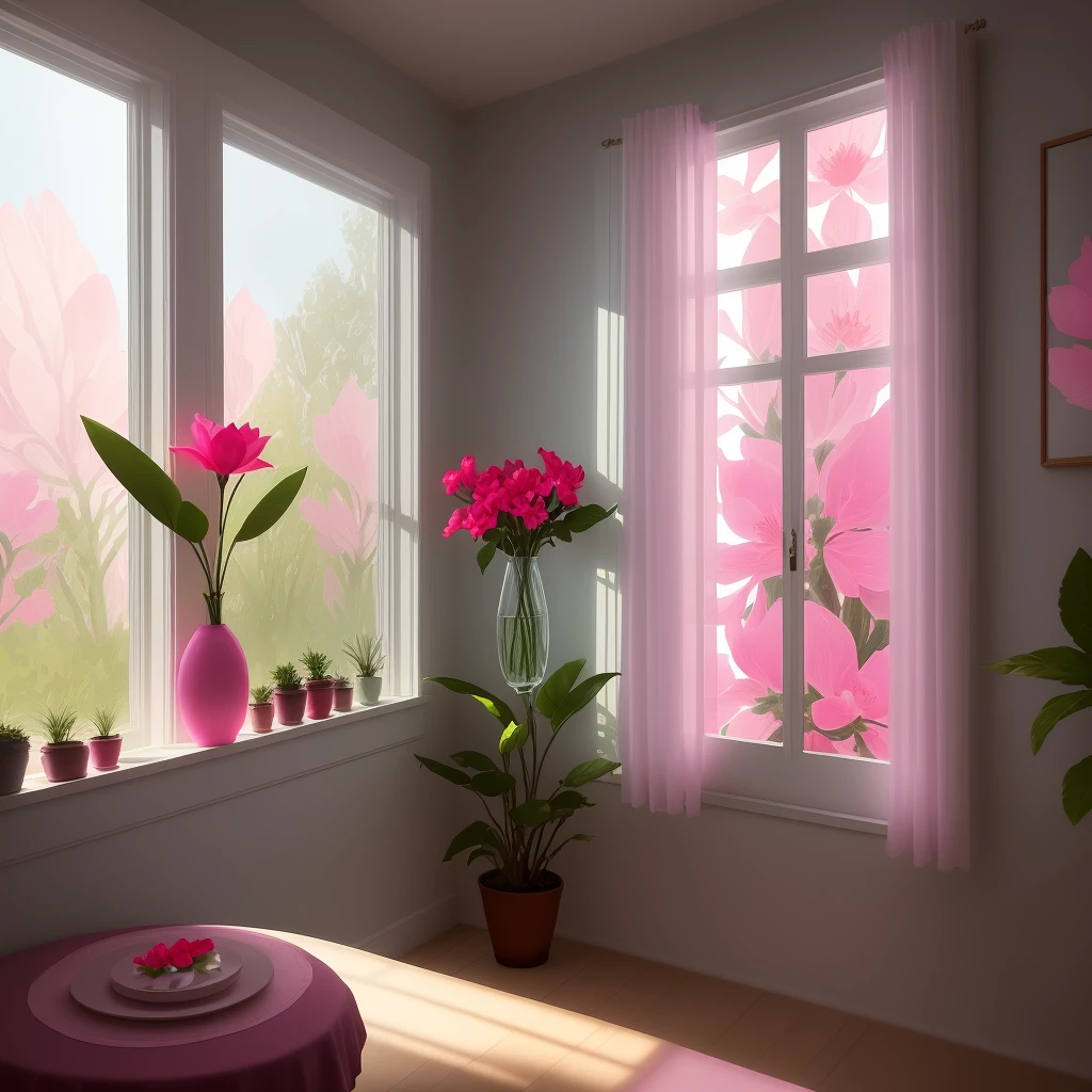 Contents: A lush, vibrant desert rose with bright fuchsia petals, blooming in a dark gray ceramic vase on a table by the window. Medium: Digital painting Style: Modern botanical illustration inspired by the work of artist Katie Scott. Artists/Popular Culture References: Similar to the style used in the BBC "Planet Earth II" series. Lighting: Natural light coming through the window laterally illuminates the bright petals and creates subtle shadows on nearby surfaces. Colors/Palette : Smooth shades of leaf green contrasted with the intense pink color of the plant's petals.