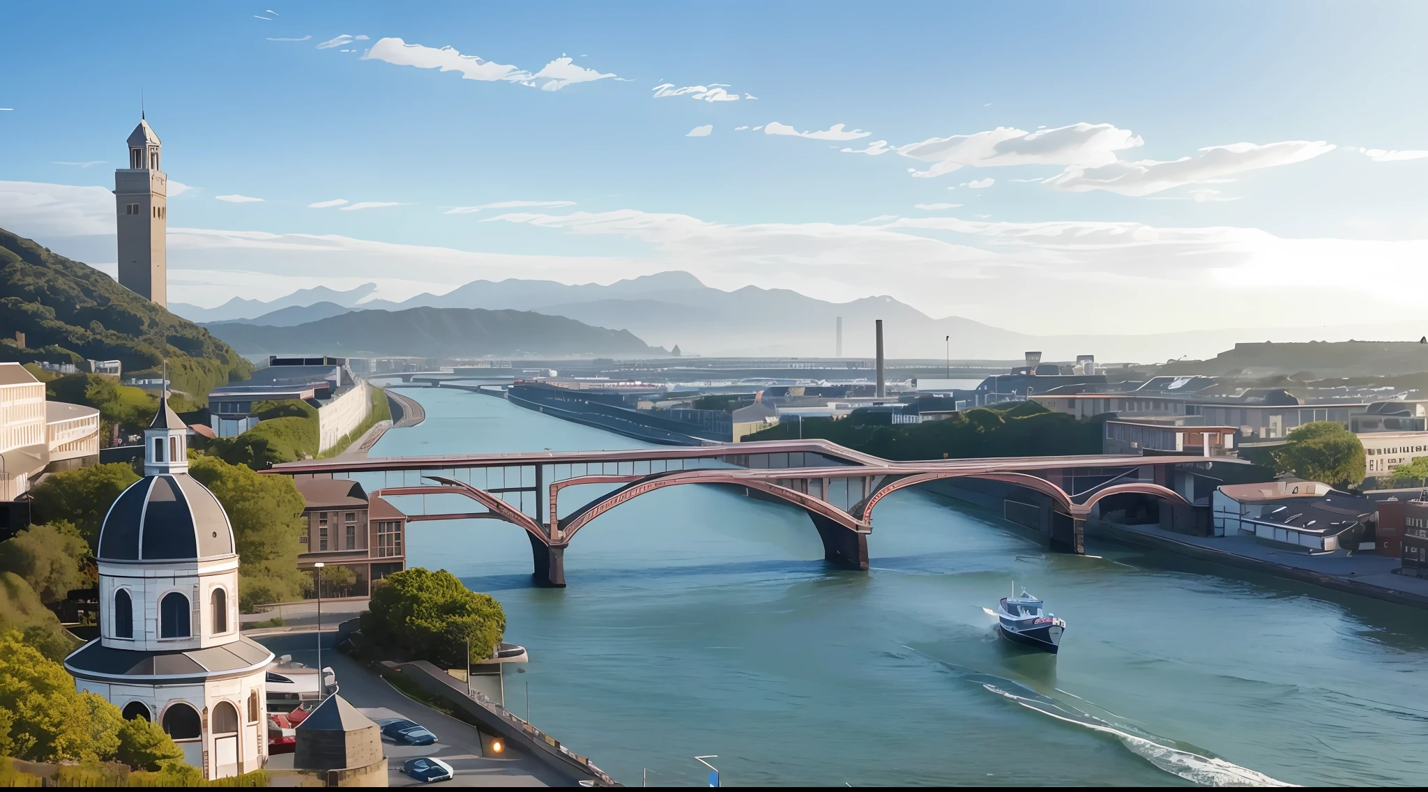 (8k, RAW photo, best quality, masterpiece), architecture, beach, evening_sky, boat, bridge, building, city, city_lights, cityscape, cloud, cloudy_sky, evening, victorian_architecture, horizon, house, landscape, mountain, no_humans, ocean, outdoors, river, rooftop, scenery, sky, skyline, skyscraper, tower, town, water, watercraft, waterfall, time progression, (19th century, victorian, industrial,factories),