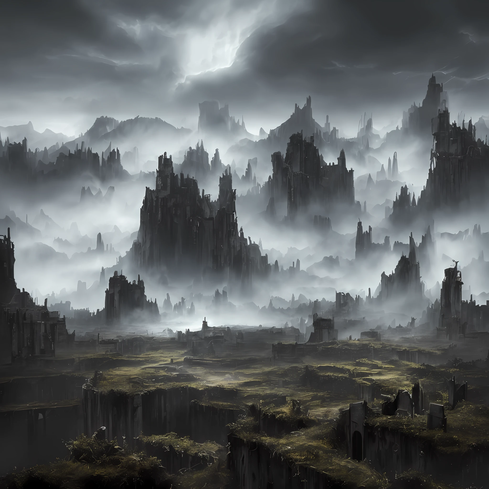 Create an image of the "Dark Abyss," the darkest place in the world. Visualize a horizon shrouded in dense black clouds, where occasional rays illuminate a desolate, gloomy landscape. As you get closer, you can see towering mountains covered in dead, gnarled vegetation. A black and sinister river meanders through the valley, emanating a nefarious mist that seems to swallow any light that dares to penetrate its path. Decrepit ruins of an ancient city are glimpsed in the distance, adding an air of mystery and melancholy to the site. The somber sounds of the wind howling through the gnarled trees echo around him, making his skin shiver. Feel the oppression of the place and the constant presence of something evil lurking in the shadows, ((masterpiece))