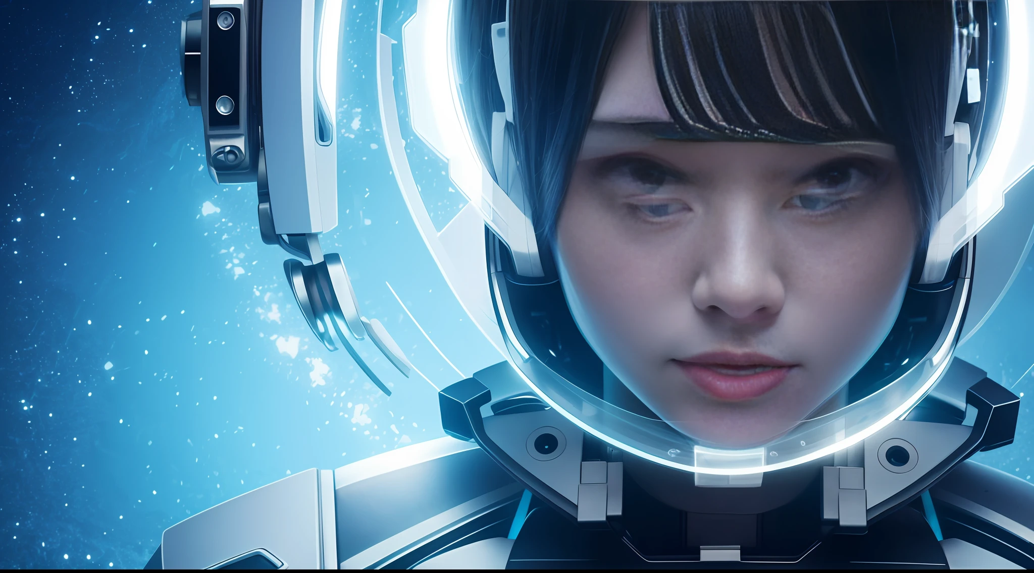 Highest image quality, highest resolution, 8K, human face, mechanical body, modified person, delicate facial features, face of a -yeld gi robotic arm, a miniature nuclear reactor on the chest