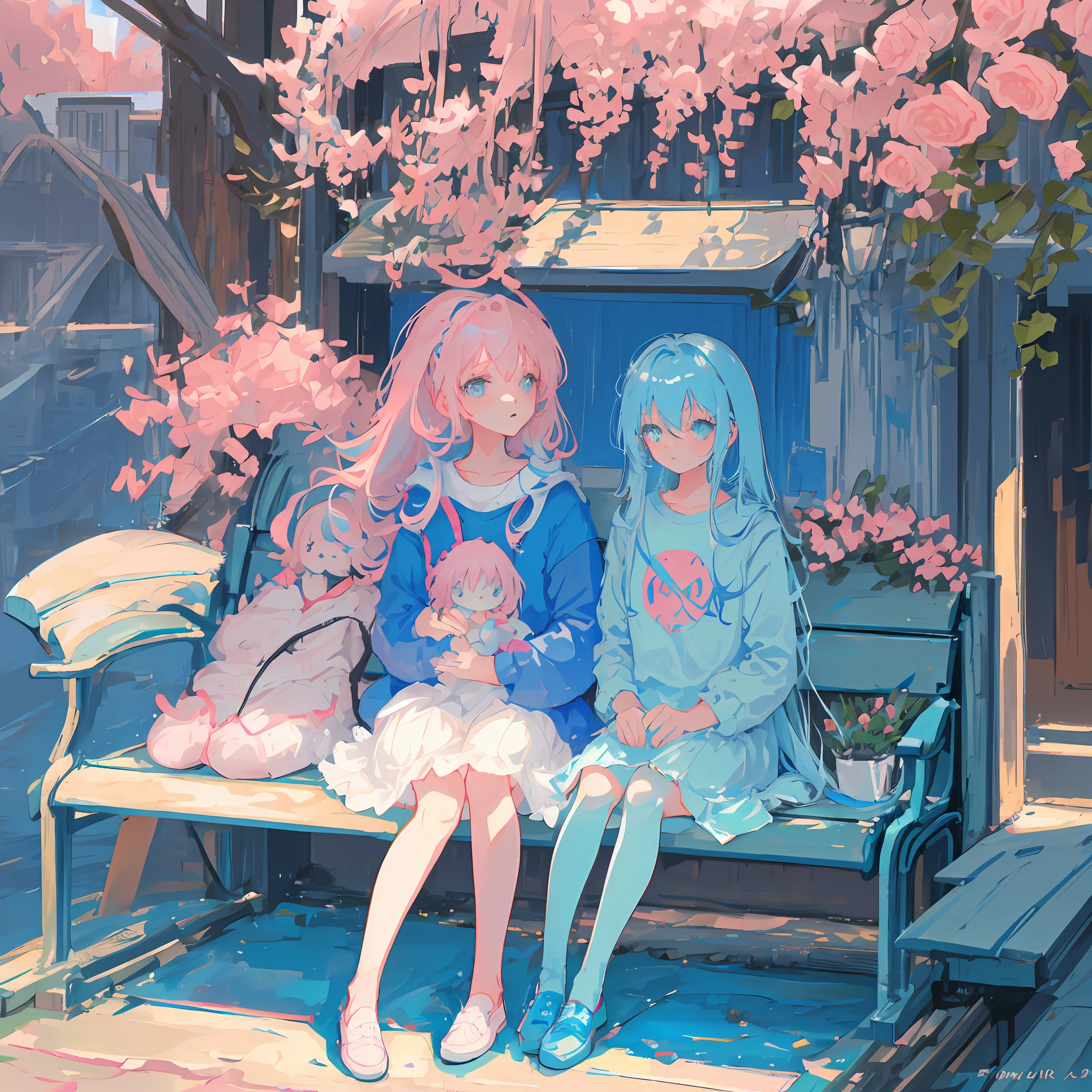 Masterpiece, best quality, a girl with long light blue hair, soft pink clothes, sitting on a bench in a park