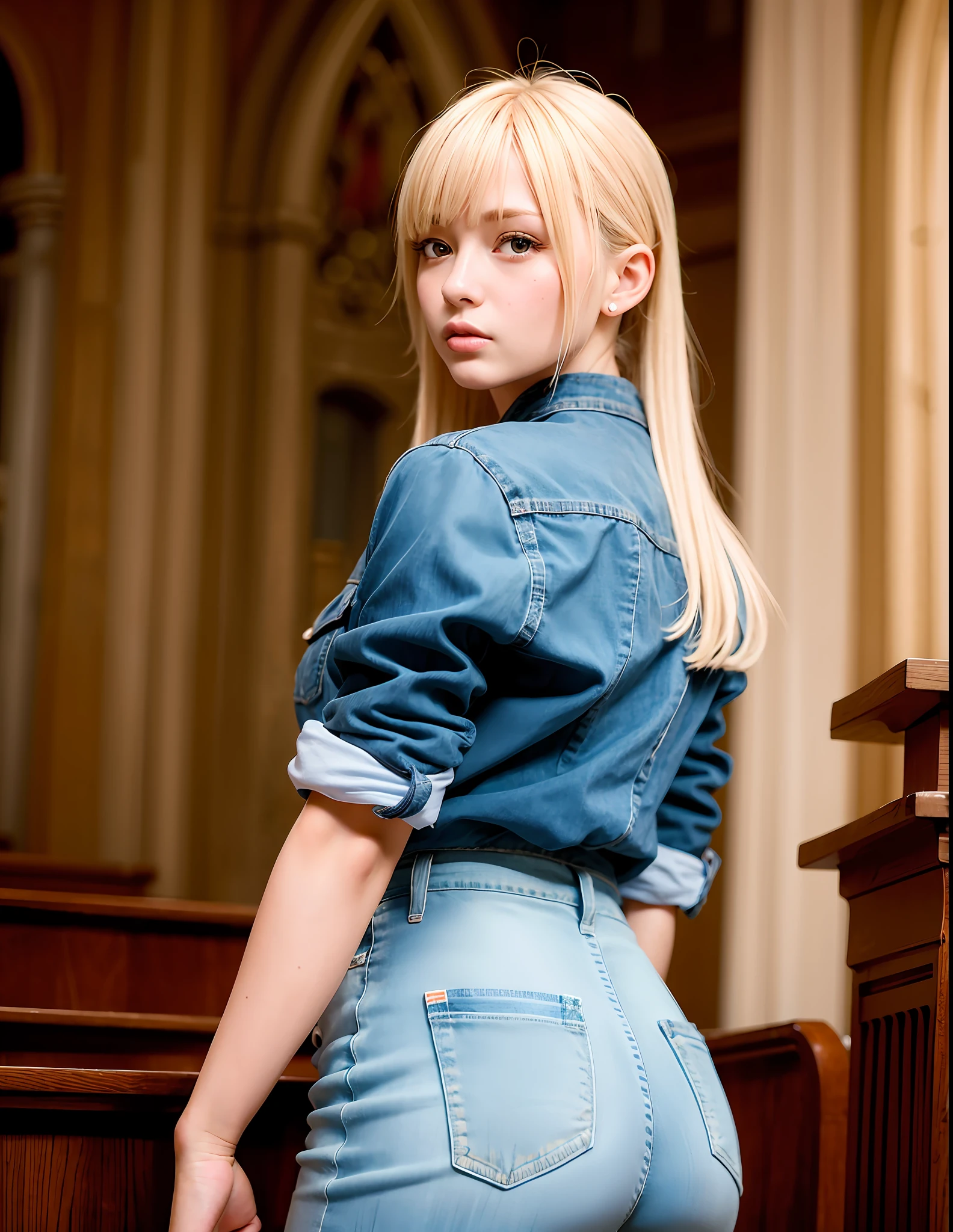 masterpiece, best quality, photo realistic, 1girl, blonde, bangs, jean, church