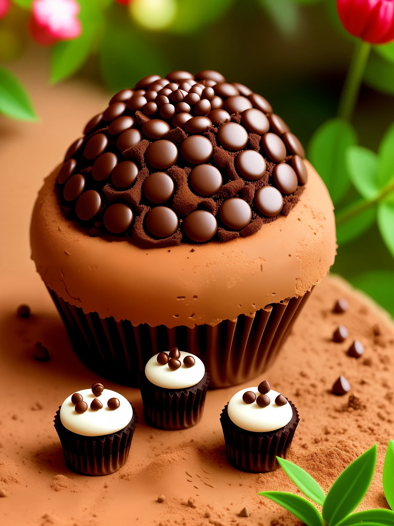 cupcake, ant colony, build, chocolate, sunny, realistic