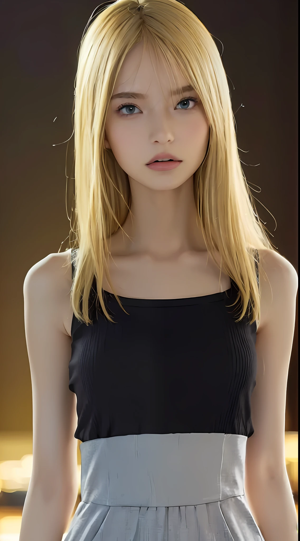 ((Top Quality, 8k, Masterpiece: 1.3)), Full Body, Long Legs, Crisp Focus: 1.2, Beautiful Women in Perfect Style: 1.4, Slender Abs: 1.2, ((Blonde, Big: 1.2)), Black Tank Top, (Night View: 1.1), Highly Detailed Face and Skin Texture, Detailed Eyes, Double Eyelids