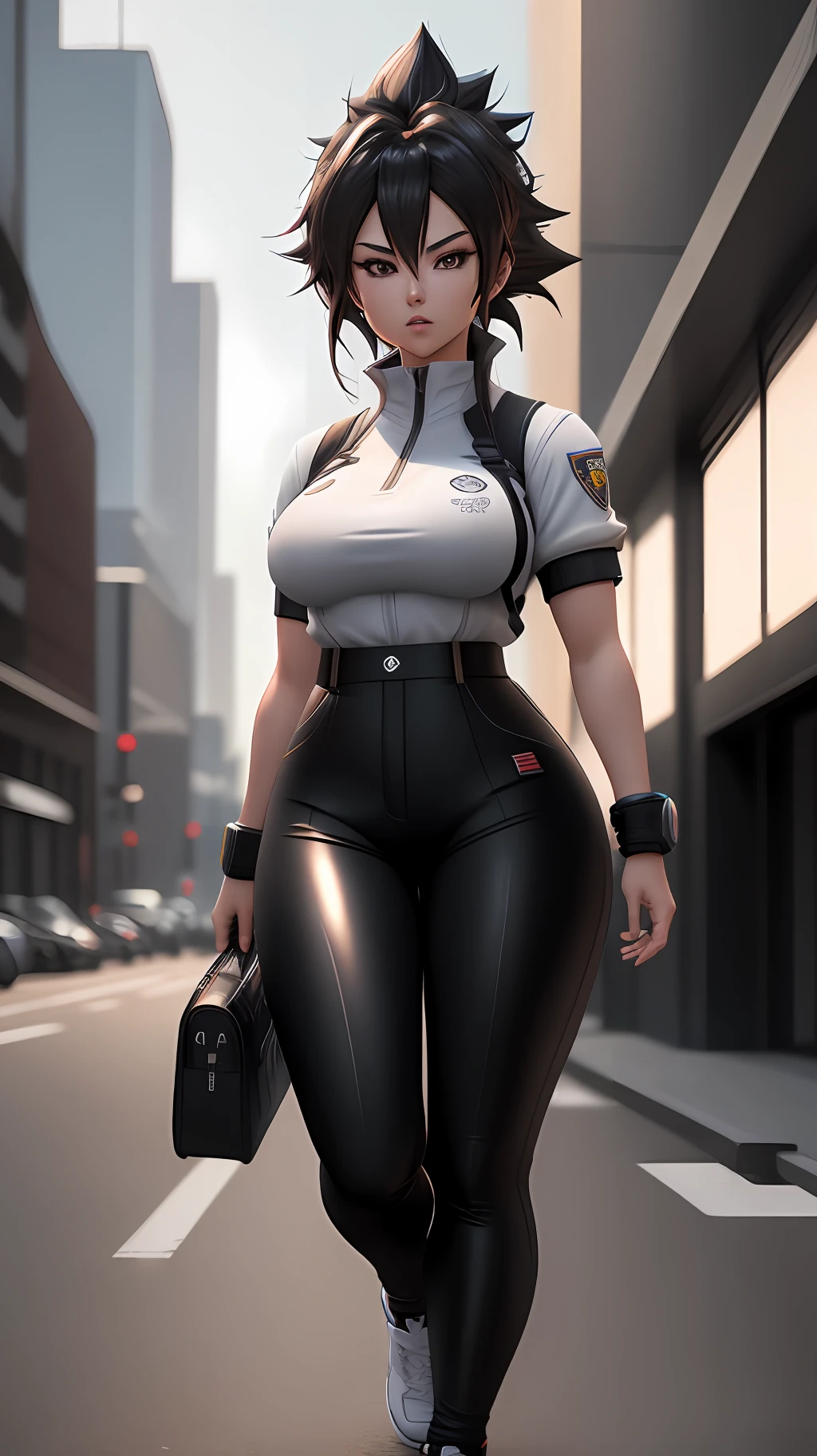 super saiyan ultra instinct, 8k, full body shot of Girl, Anime style, Unreal engine 5, masterpiece, maximum quality, maximum resolution, excellent sharpness, in terrifying city, dark black eyes, short dark brown hair, size XL bust, student outfit white with black pants.