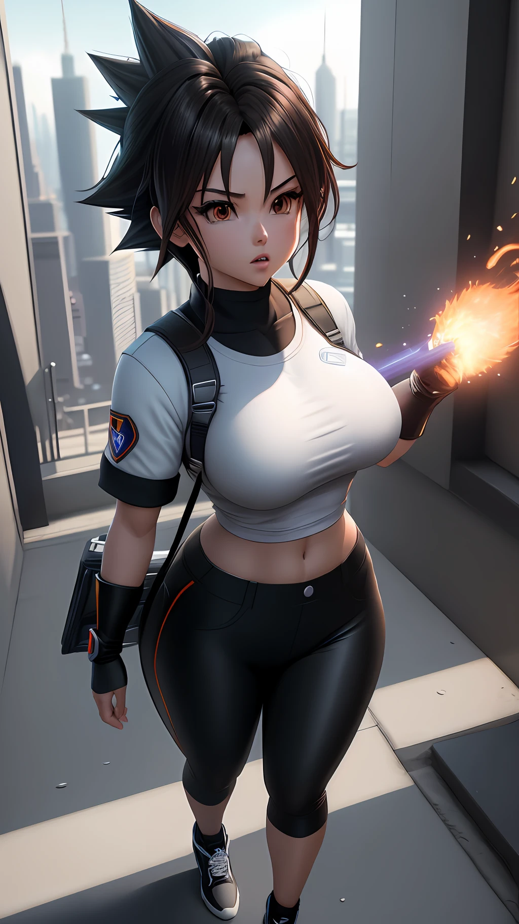 super saiyan ultra instinct, 8k, full body shot of Girl, Anime style, Unreal engine 5, masterpiece, maximum quality, maximum resolution, excellent sharpness, in terrifying city, dark black eyes, short dark brown hair, size XL bust, student outfit white with black pants.