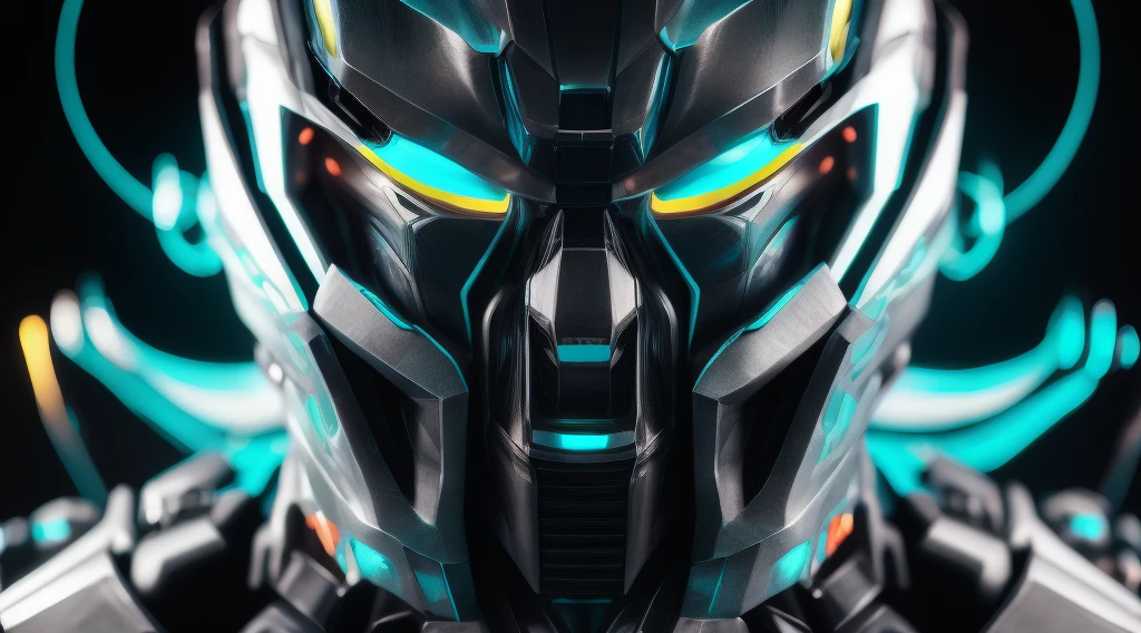 Powerful Transformers style man face neon and black cyan color, demon with neon eyes, realistic photo, ultra detail, natural light, black background, photo, cinematic photography + dynamic composition, incredibly detailed, sharp, detail + intricate detail + professional lighting, film lighting + 35mm + anamorphic + lightroom + cinematography + bokeh + lens flare + film grain,dark black background, 3d block background