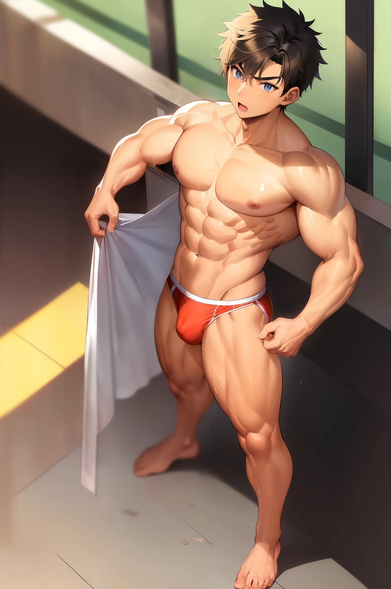  boy, anime, very muscular body, 8 pack abs and big biceps, sexy, cute, in gym, working out, barefoot, looks confident, bare body, blush, extremely cute and extremely muscular 14 year oldm, sweaty, huge bulge, well endowed, puberty muscles, chiseled ripped body, chiseled physique, boy bodybuilder, on steroids, sexy, (masterpiece:1.5), (best quality:1.5), (high quality:1.5), (solo:1.27), (muscular male:1.27), (bara:1.27), satisfaction, happy, pleasure, (dynamic angle:1.21),(dynamic hair:1.27),(detailed pupils:1.21),looking at viewer, (dynamic pose:1.15), (beautiful detailed hands:1.21), illustration, (cinematic light:1.15), ultra detailed, (disheveled hair:1.34), big bulge, (large pectorals:1.3), pectoral cleavage, sidepec, (abs:1.3), (thighs:1.3), (bulky:1.2), novel_illustration, anime screencap, muscular boy, child, 14 year old boy