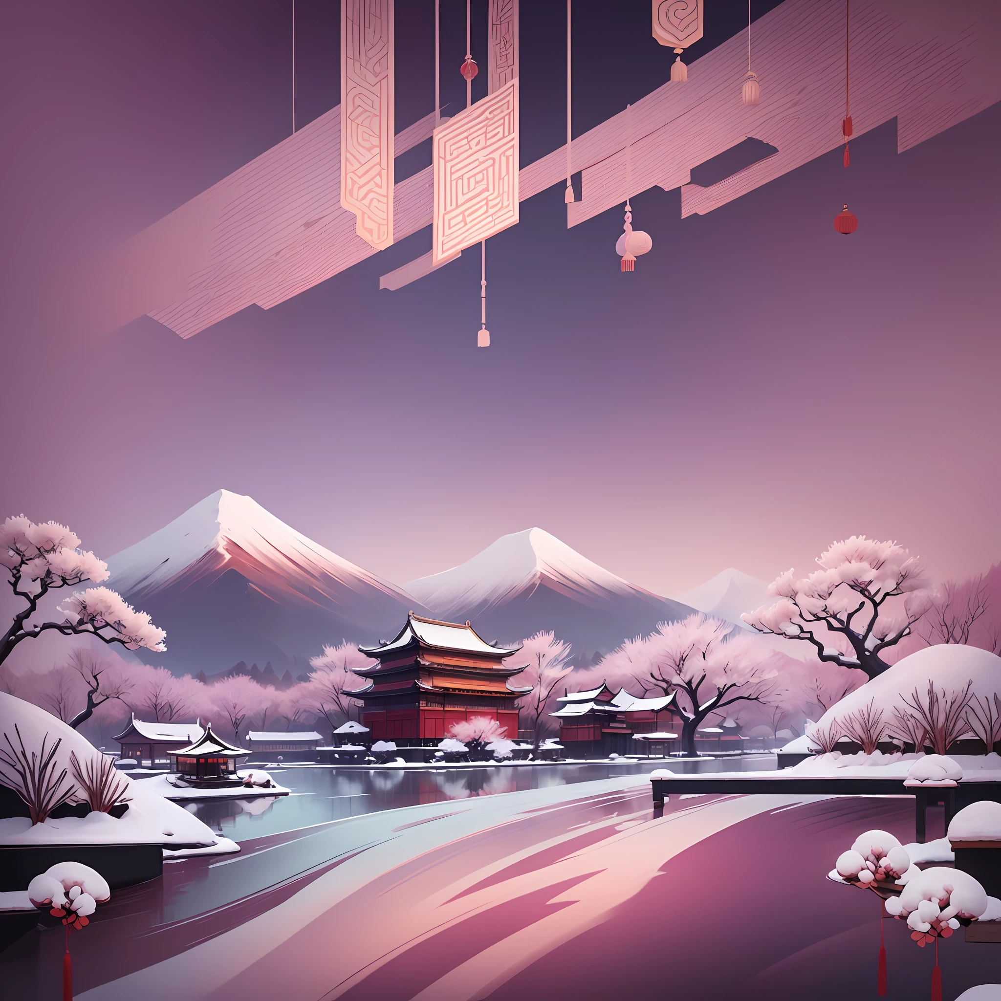 (Chinese landscape), abstract painting, (Zen, Emisore style), (winter), (snow, plum blossoms, river, chinoiserie architecture), light abstract cover art, simple vector art, Chinese contemporary art, color gradient, pastel color palette, layered forms, whimsical animation, style ethereal abstraction, 4K, --v6
