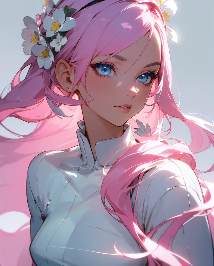 (Detailed Lights, Detailed Shadows), 1Woman, Pink Colored Hair, Close-up, Portrait, (Light Blue Colored Eyes), Extremely Detailed Clothes, ((Modern Clothes)), Beautiful Hair, Muscular, Hair Down, Extremely Detailed Background, Beautiful Background, (Long Hair), MakeUp, Pokemon Trainer, A White Flower on the Head